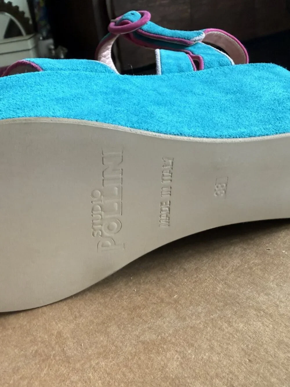Studio Pollini Turquoise Suede Platform Sandals, size 38, made in Italy